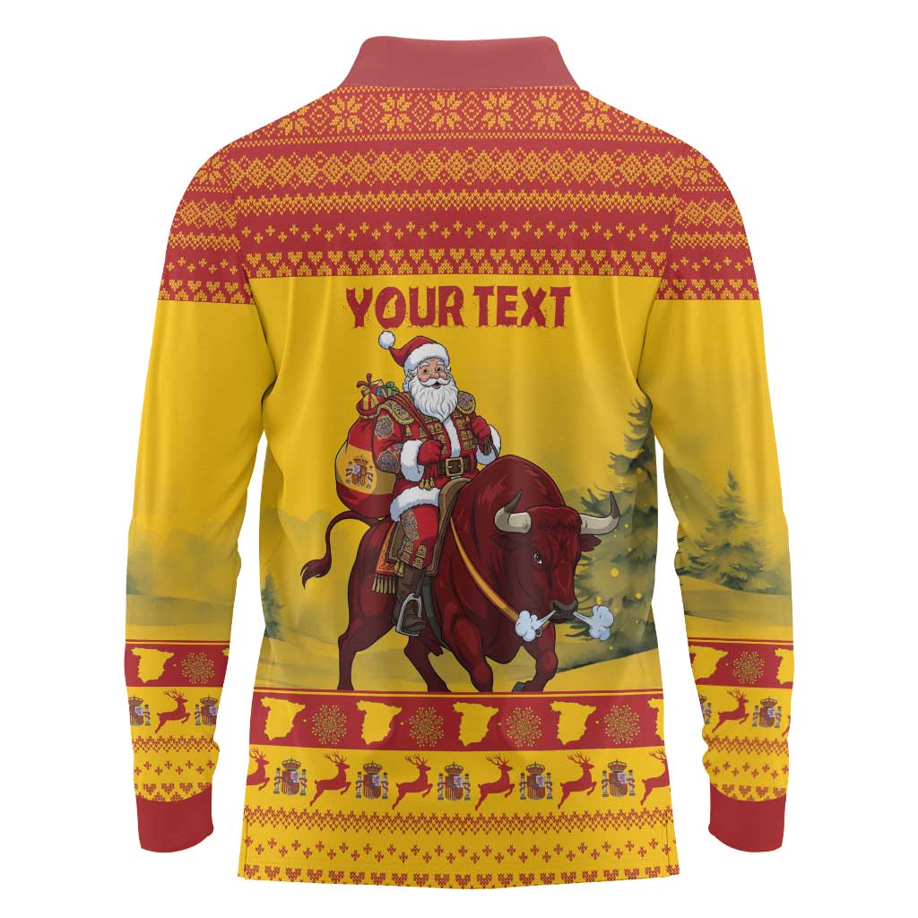 Personalized Spain Christmas Long Sleeve Polo Shirt Santa Riding Red Bull Feliz Navidad - Wonder Print Shop