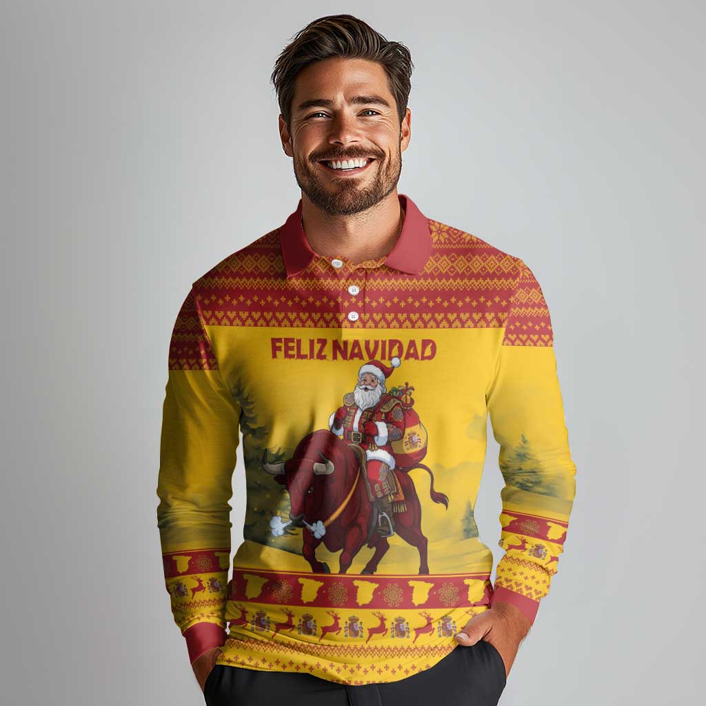 Personalized Spain Christmas Long Sleeve Polo Shirt Santa Riding Red Bull Feliz Navidad - Wonder Print Shop