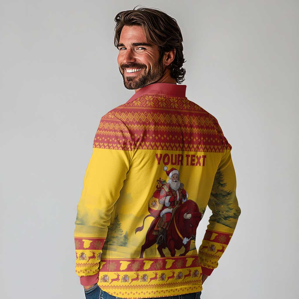 Personalized Spain Christmas Long Sleeve Polo Shirt Santa Riding Red Bull Feliz Navidad - Wonder Print Shop