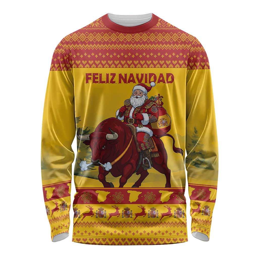 Personalized Spain Christmas Long Sleeve Shirt Santa Riding Red Bull Feliz Navidad - Wonder Print Shop
