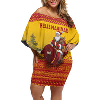 Personalized Spain Christmas Off Shoulder Short Dress Santa Riding Red Bull Feliz Navidad - Wonder Print Shop