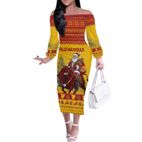 Personalized Spain Christmas Off The Shoulder Long Sleeve Dress Santa Riding Red Bull Feliz Navidad - Wonder Print Shop