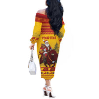 Personalized Spain Christmas Off The Shoulder Long Sleeve Dress Santa Riding Red Bull Feliz Navidad - Wonder Print Shop