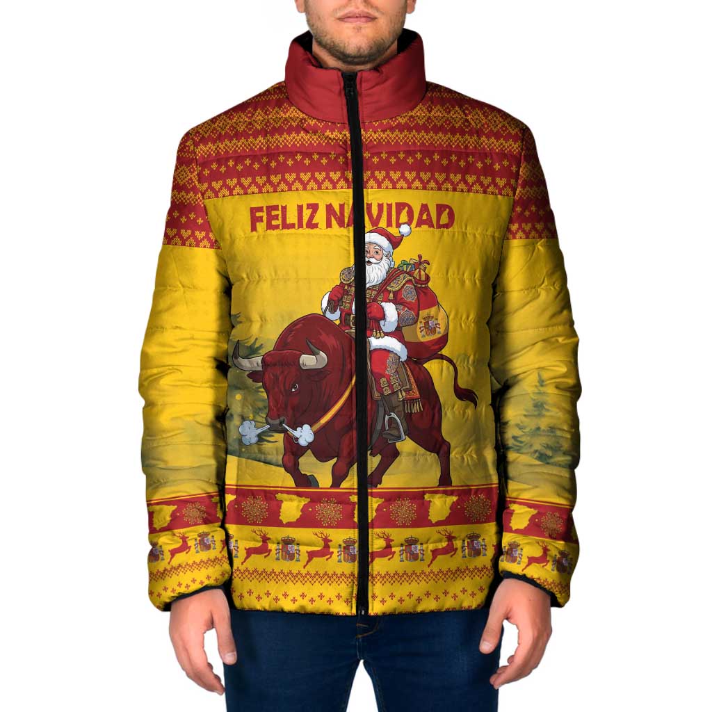 Personalized Spain Christmas Padded Jacket Santa Riding Red Bull Feliz Navidad - Wonder Print Shop