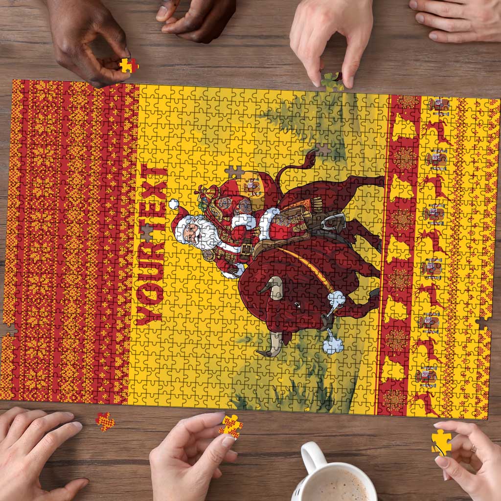 Personalized Spain Christmas Puzzle Santa Riding Red Bull Feliz Navidad - Wonder Print Shop