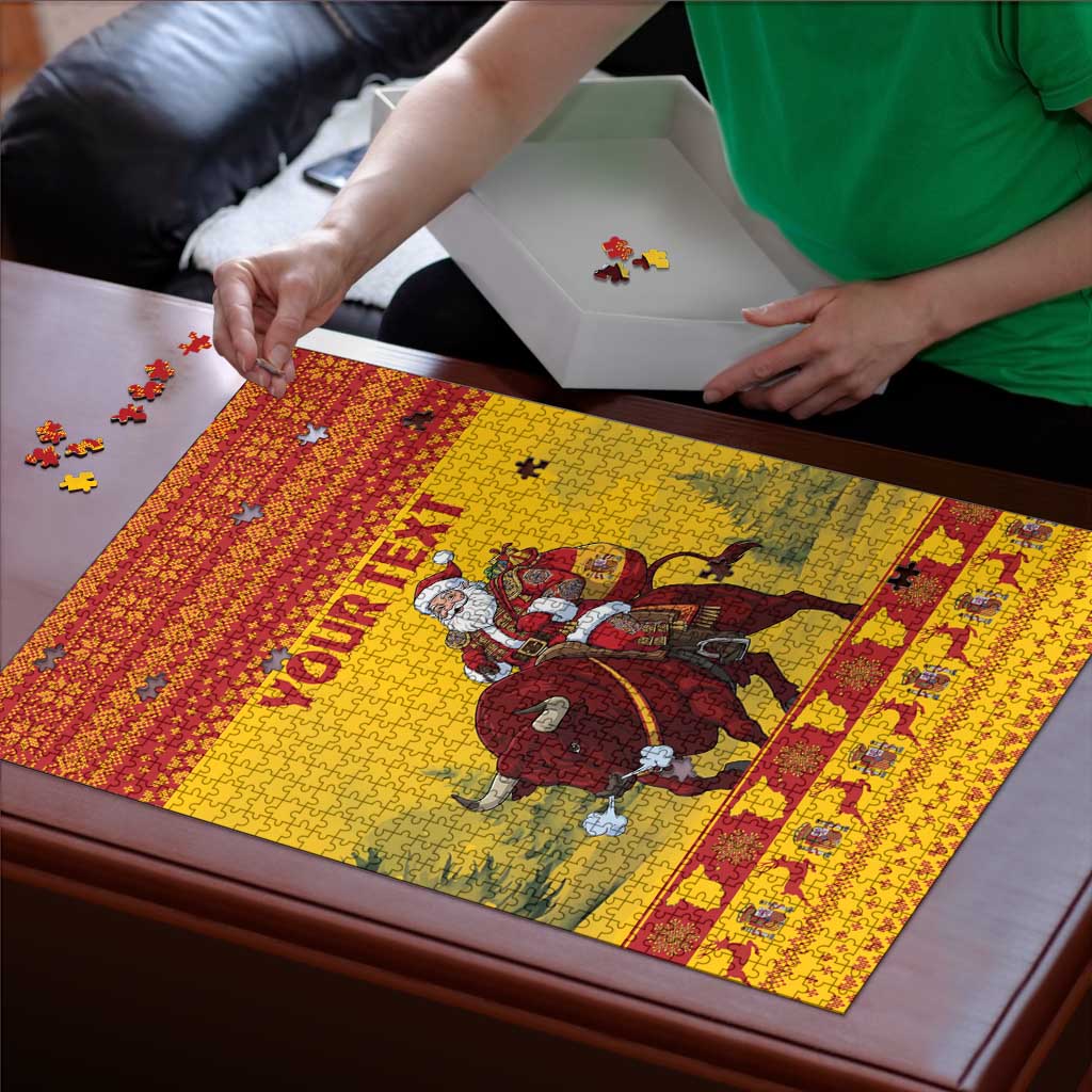 Personalized Spain Christmas Puzzle Santa Riding Red Bull Feliz Navidad - Wonder Print Shop
