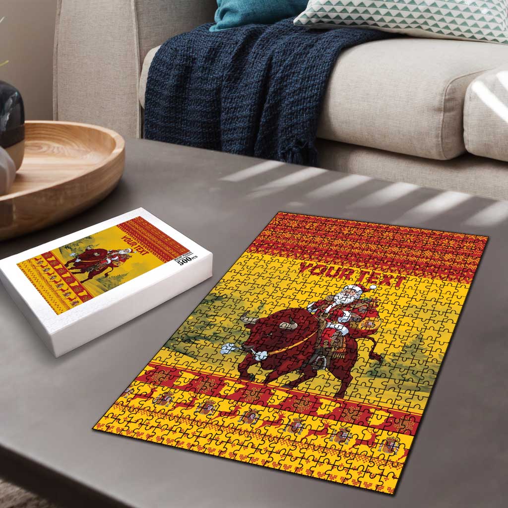 Personalized Spain Christmas Puzzle Santa Riding Red Bull Feliz Navidad - Wonder Print Shop