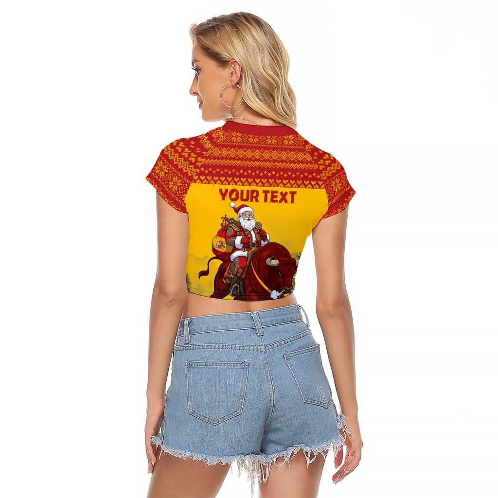 Personalized Spain Christmas Raglan Cropped T Shirt Santa Riding Red Bull Feliz Navidad - Wonder Print Shop
