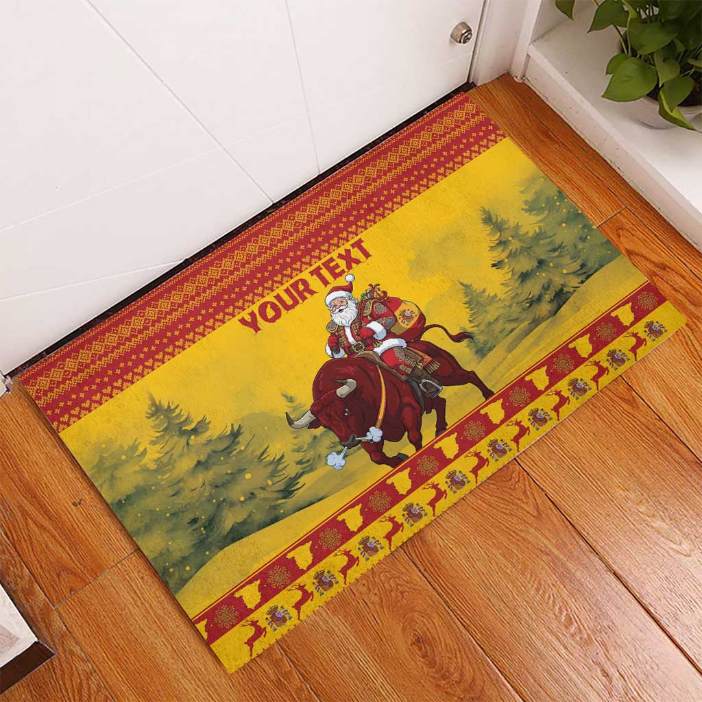 Personalized Spain Christmas Rubber Doormat Santa Riding Red Bull Feliz Navidad - Wonder Print Shop