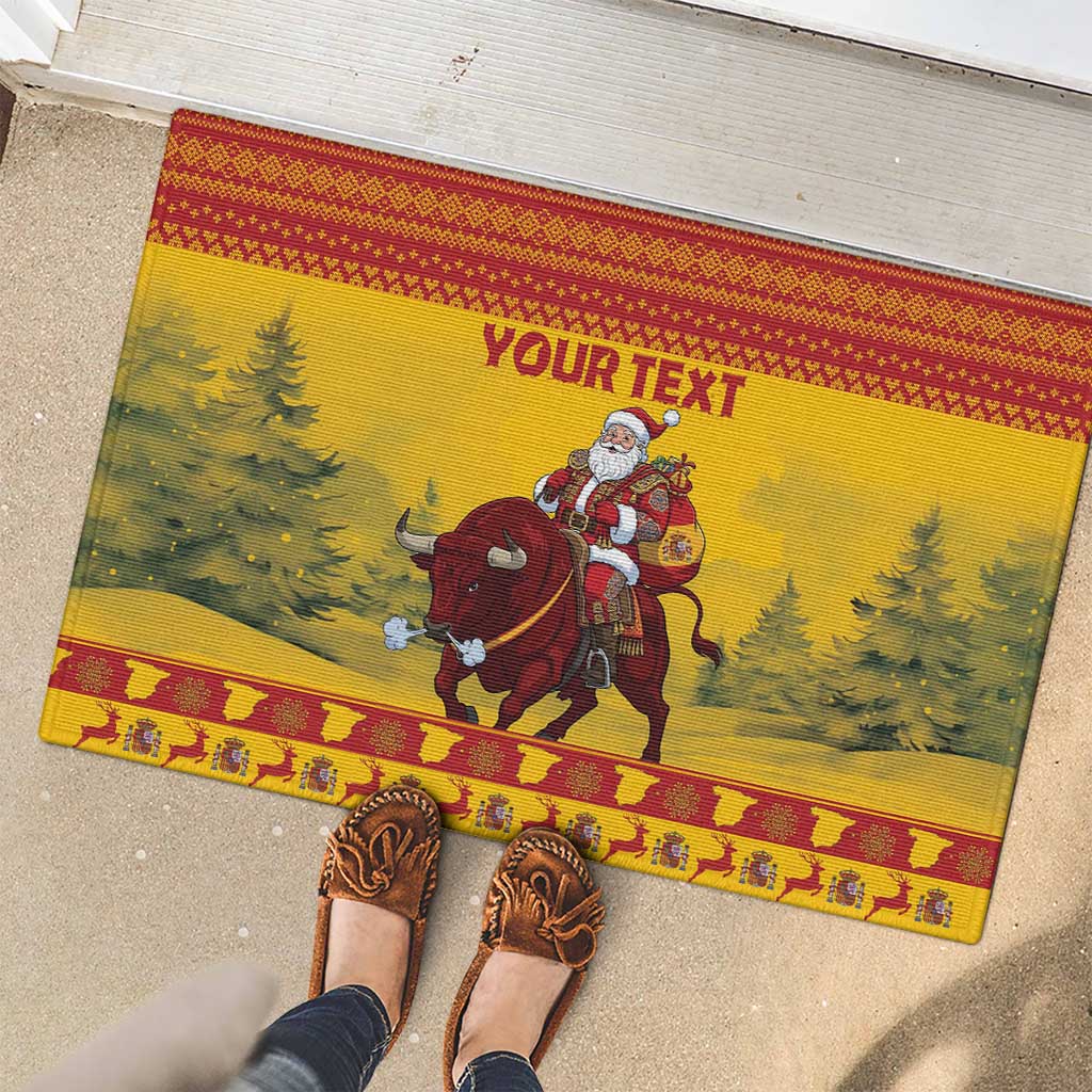 Personalized Spain Christmas Rubber Doormat Santa Riding Red Bull Feliz Navidad - Wonder Print Shop