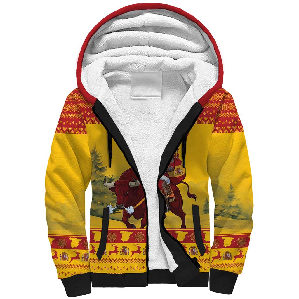 Personalized Spain Christmas Sherpa Hoodie Santa Riding Red Bull Feliz Navidad - Wonder Print Shop