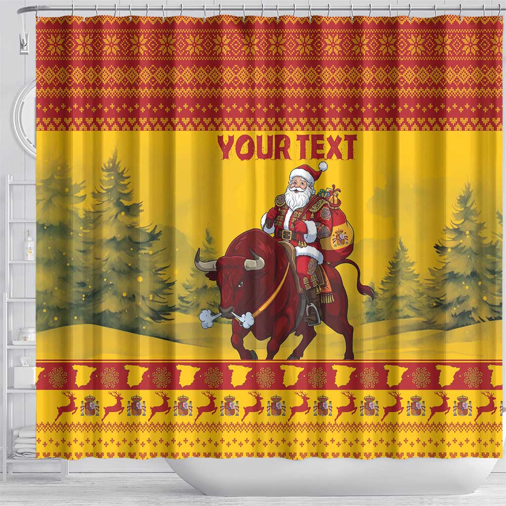 Personalized Spain Christmas Shower Curtain Santa Riding Red Bull Feliz Navidad - Wonder Print Shop