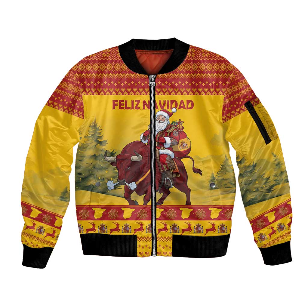 Personalized Spain Christmas Sleeve Zip Bomber Jacket Santa Riding Red Bull Feliz Navidad - Wonder Print Shop