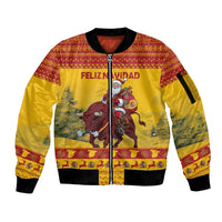 Personalized Spain Christmas Sleeve Zip Bomber Jacket Santa Riding Red Bull Feliz Navidad - Wonder Print Shop