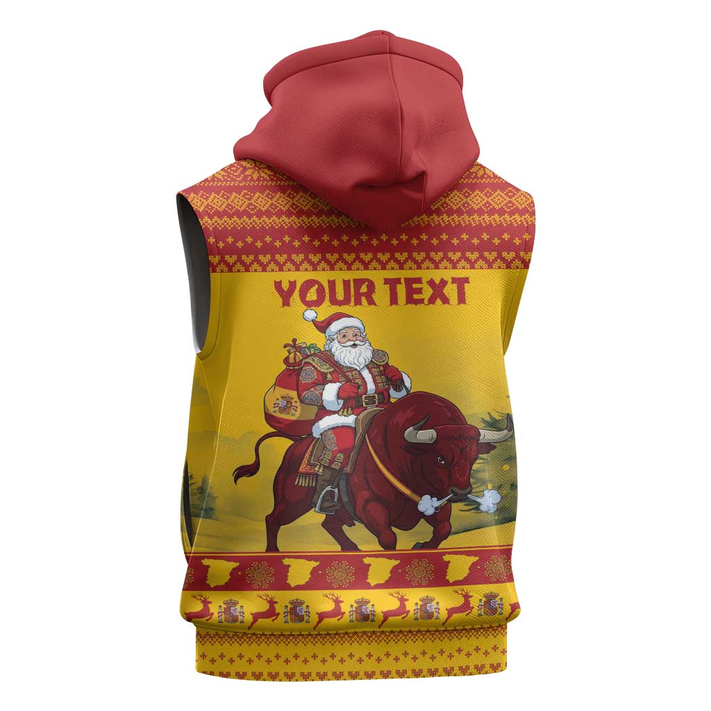 Personalized Spain Christmas Sleeveless Hoodie Santa Riding Red Bull Feliz Navidad - Wonder Print Shop