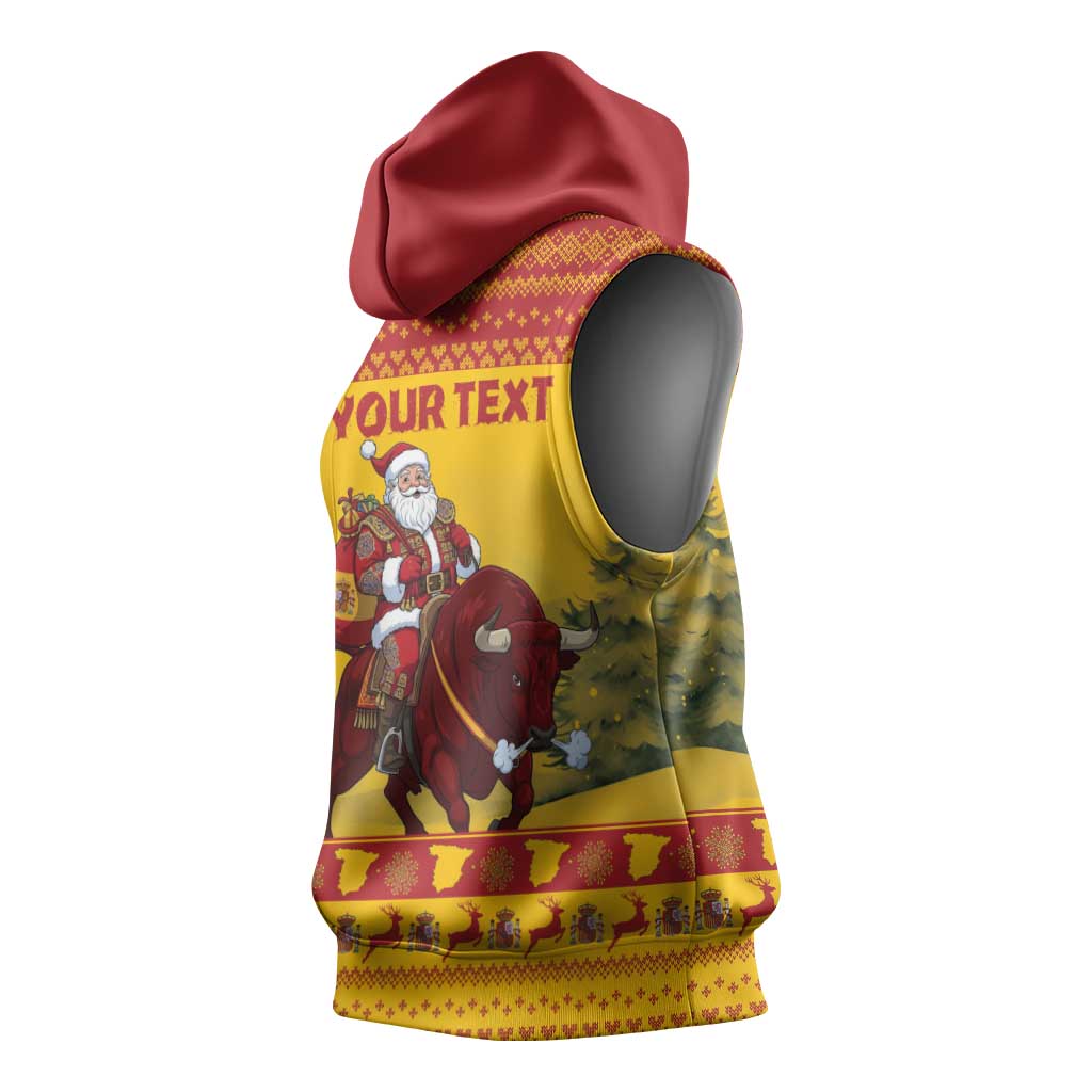 Personalized Spain Christmas Sleeveless Hoodie Santa Riding Red Bull Feliz Navidad - Wonder Print Shop