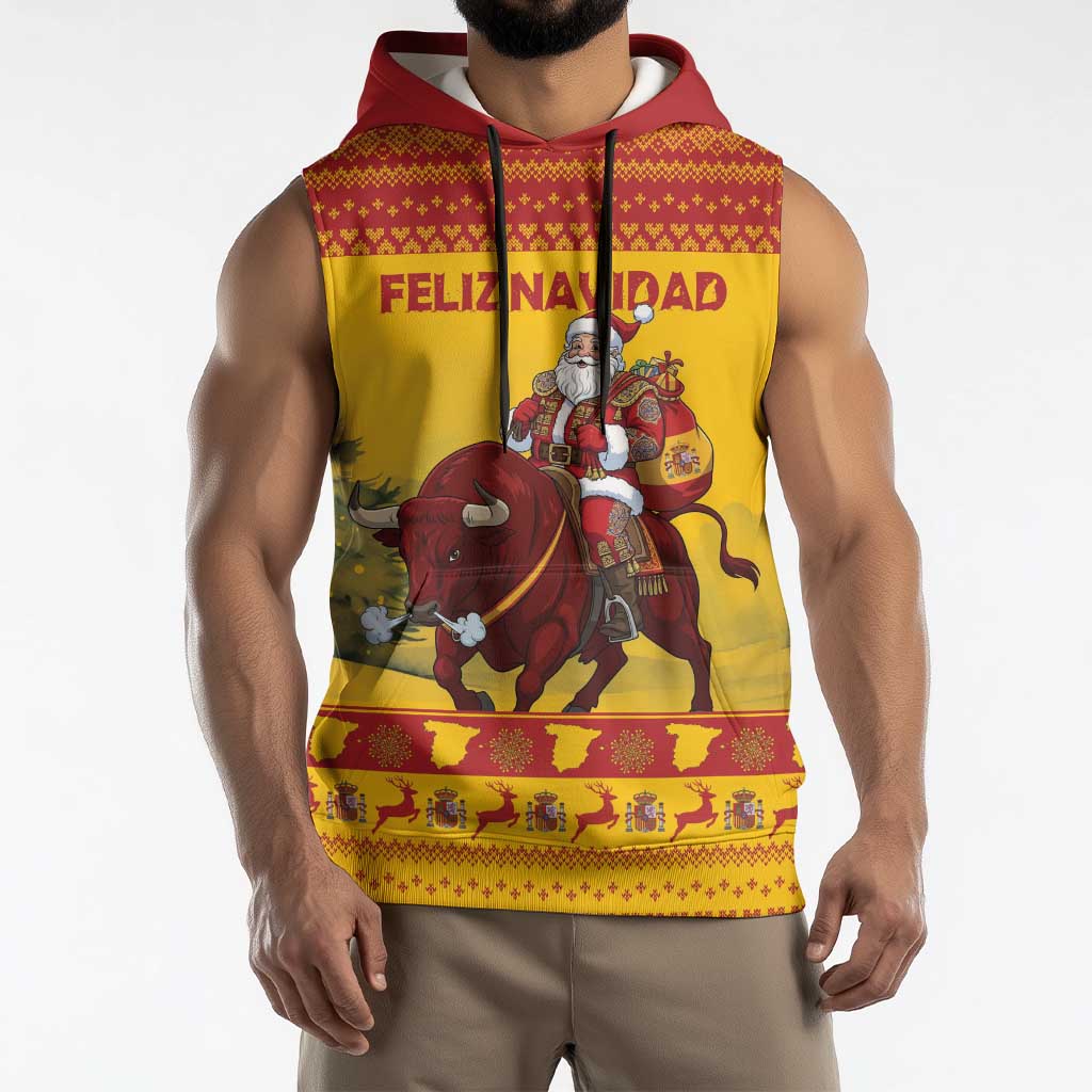 Personalized Spain Christmas Sleeveless Hoodie Santa Riding Red Bull Feliz Navidad - Wonder Print Shop