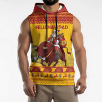 Personalized Spain Christmas Sleeveless Hoodie Santa Riding Red Bull Feliz Navidad - Wonder Print Shop