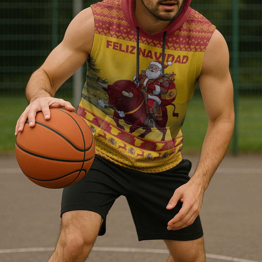 Personalized Spain Christmas Sleeveless Hoodie Santa Riding Red Bull Feliz Navidad - Wonder Print Shop
