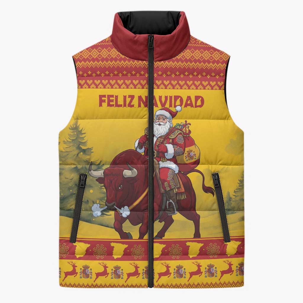Personalized Spain Christmas Sleeveless Puffer Jacket Santa Riding Red Bull Feliz Navidad - Wonder Print Shop