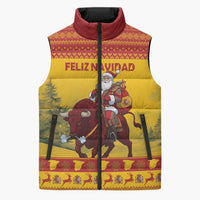 Personalized Spain Christmas Sleeveless Puffer Jacket Santa Riding Red Bull Feliz Navidad - Wonder Print Shop