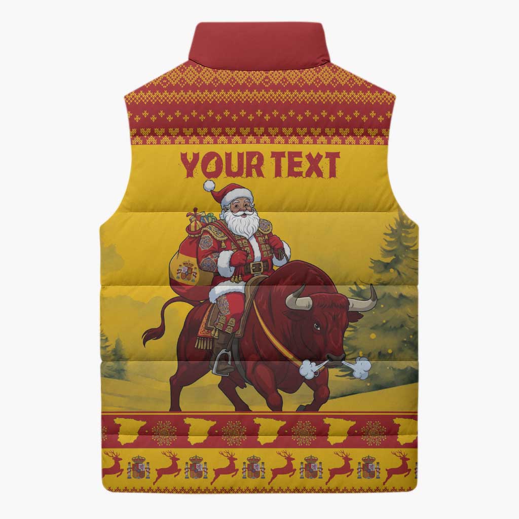 Personalized Spain Christmas Sleeveless Puffer Jacket Santa Riding Red Bull Feliz Navidad - Wonder Print Shop