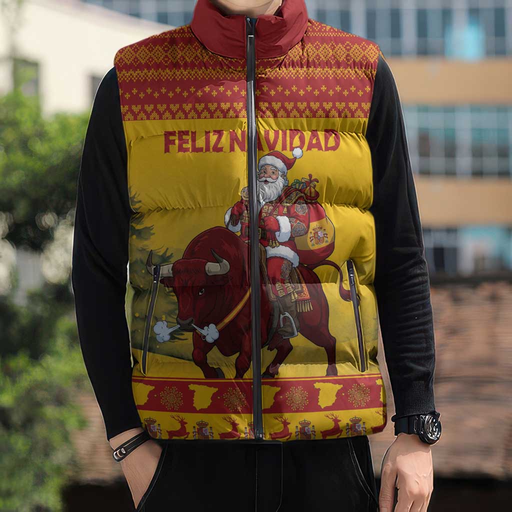 Personalized Spain Christmas Sleeveless Puffer Jacket Santa Riding Red Bull Feliz Navidad - Wonder Print Shop