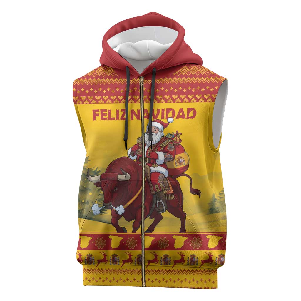 Personalized Spain Christmas Sleeveless Zip Hoodie Santa Riding Red Bull Feliz Navidad - Wonder Print Shop