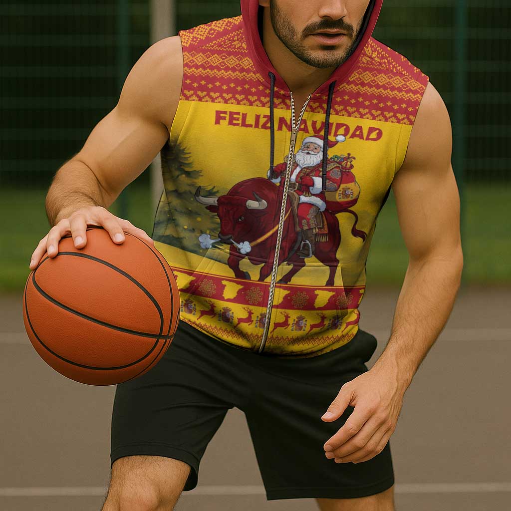 Personalized Spain Christmas Sleeveless Zip Hoodie Santa Riding Red Bull Feliz Navidad - Wonder Print Shop