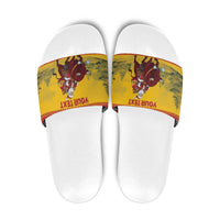 Personalized Spain Christmas Slide Sandals Santa Riding Red Bull Feliz Navidad - Wonder Print Shop