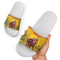 Personalized Spain Christmas Slide Sandals Santa Riding Red Bull Feliz Navidad - Wonder Print Shop
