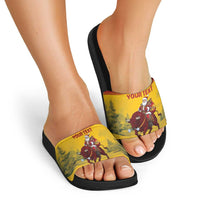 Personalized Spain Christmas Slide Sandals Santa Riding Red Bull Feliz Navidad - Wonder Print Shop