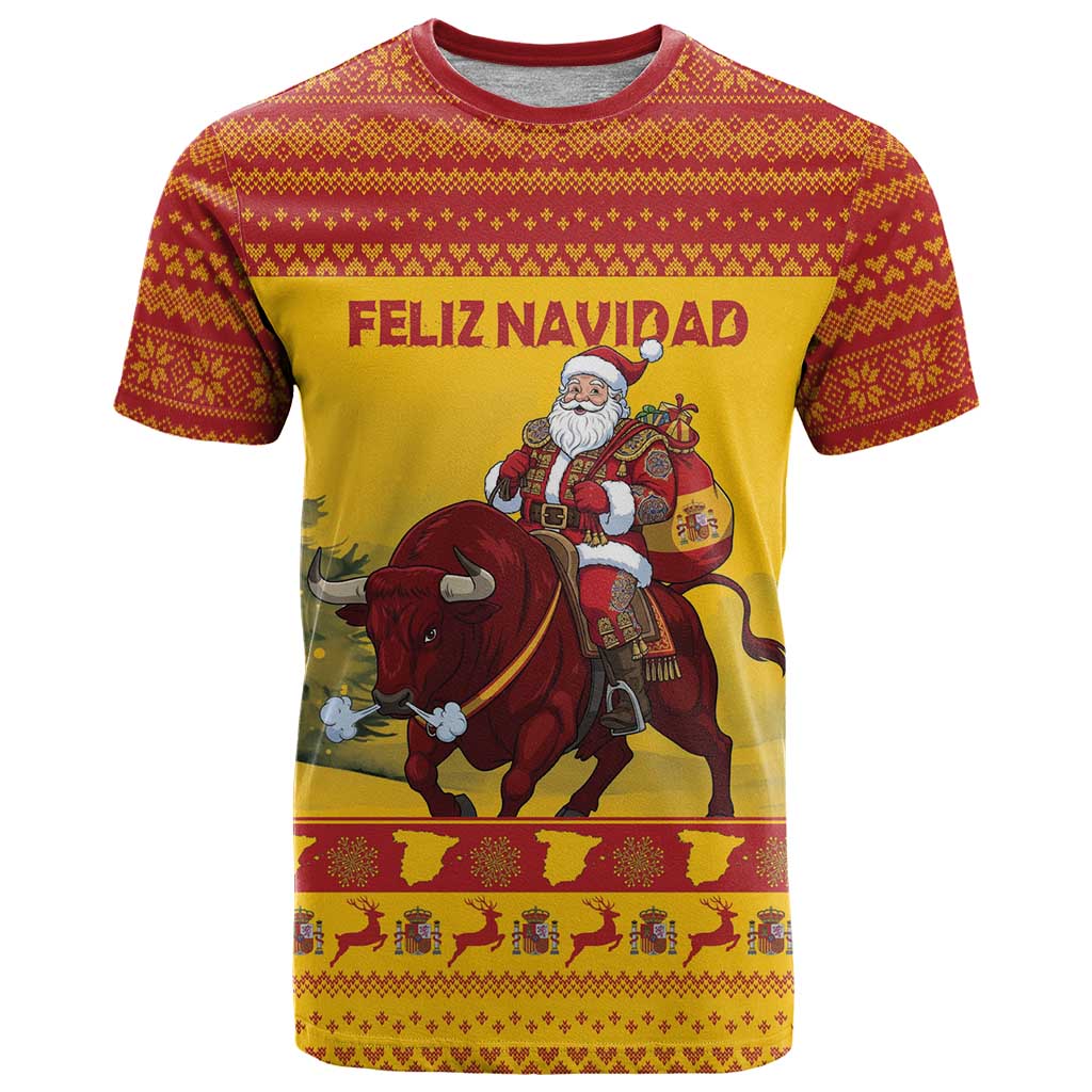Personalized Spain Christmas T Shirt Santa Riding Red Bull Feliz Navidad - Wonder Print Shop