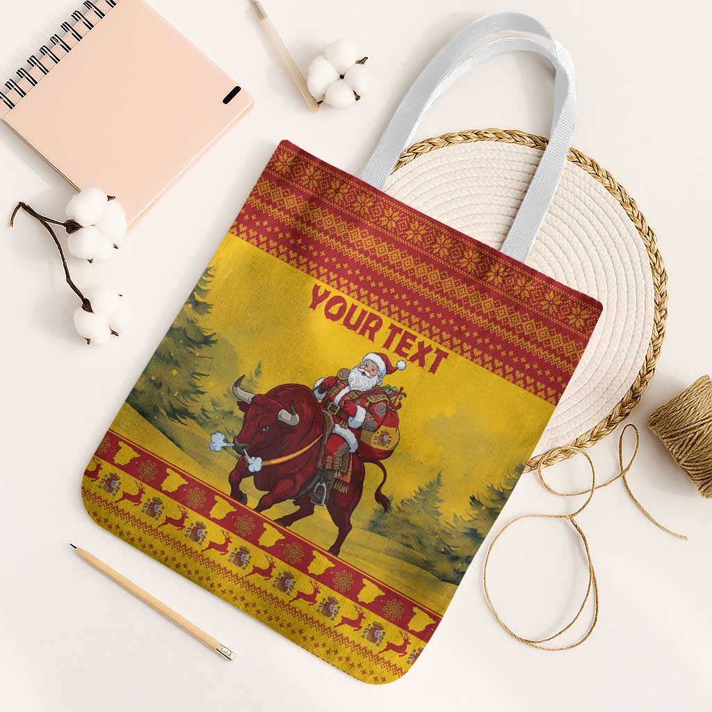 Personalized Spain Christmas Tote Bag Santa Riding Red Bull Feliz Navidad - Wonder Print Shop