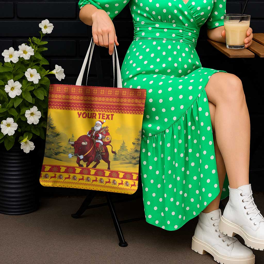 Personalized Spain Christmas Tote Bag Santa Riding Red Bull Feliz Navidad - Wonder Print Shop