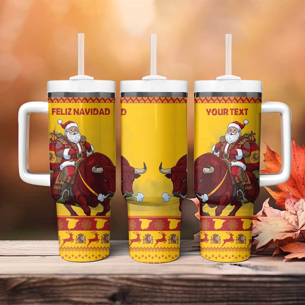 Personalized Spain Christmas Tumbler With Handle Santa Riding Red Bull Feliz Navidad - Wonder Print Shop