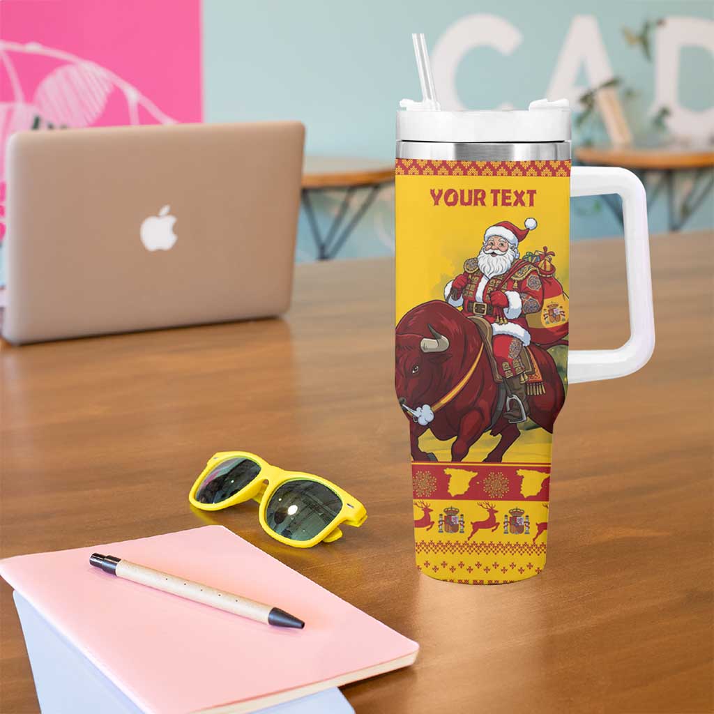 Personalized Spain Christmas Tumbler With Handle Santa Riding Red Bull Feliz Navidad - Wonder Print Shop