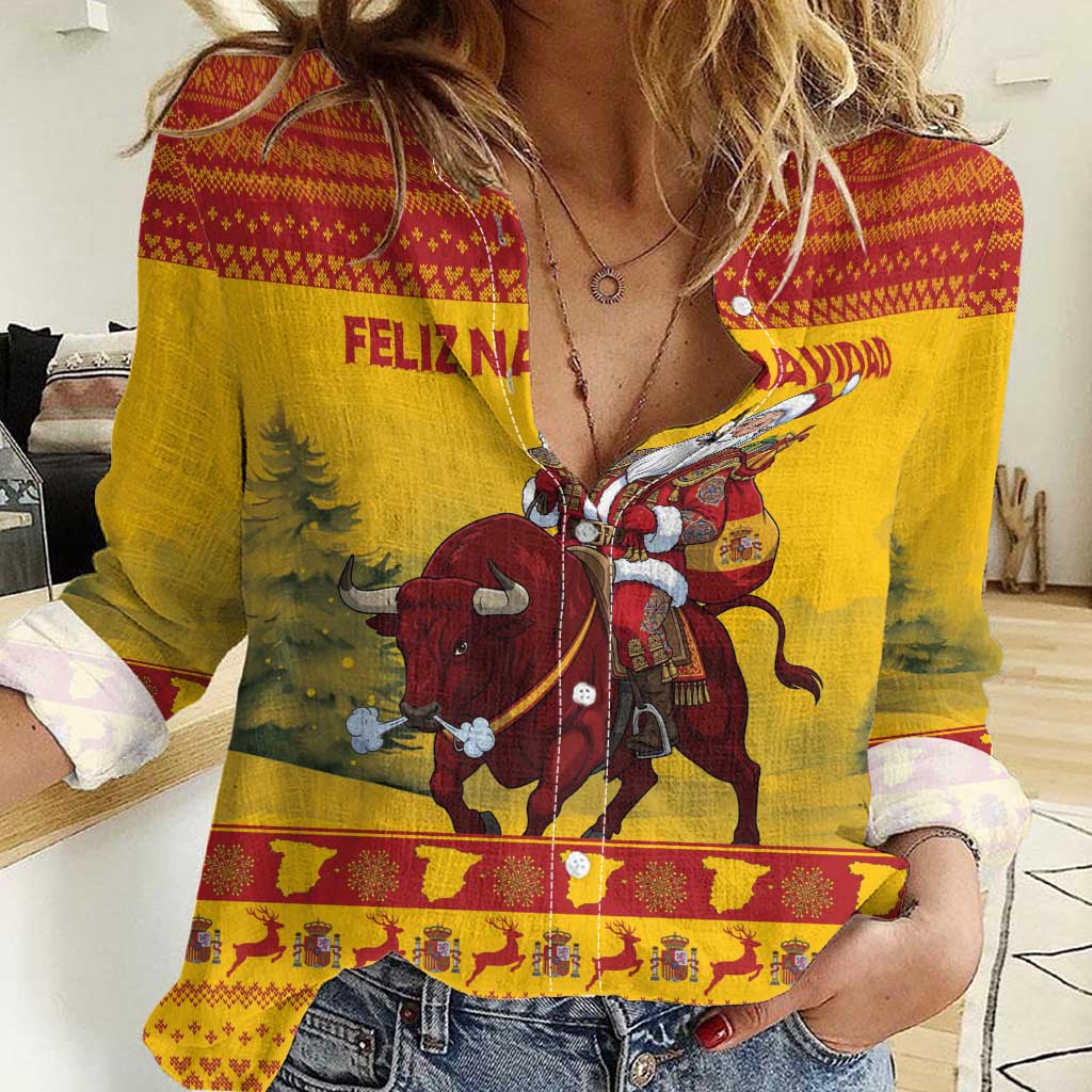 Personalized Spain Christmas Women Casual Shirt Santa Riding Red Bull Feliz Navidad - Wonder Print Shop