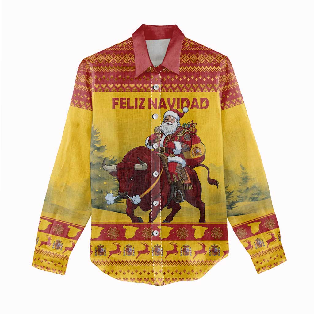 Personalized Spain Christmas Women Casual Shirt Santa Riding Red Bull Feliz Navidad - Wonder Print Shop