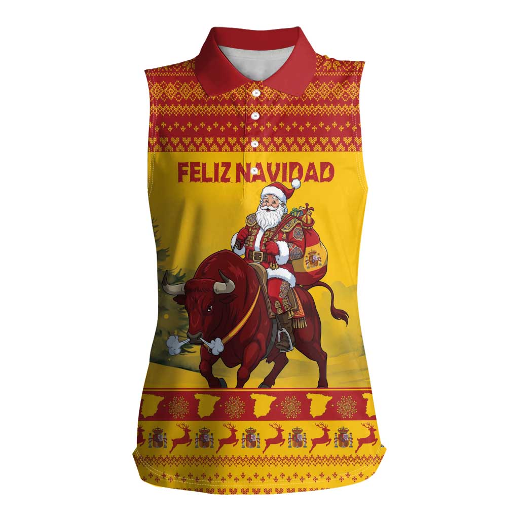 Personalized Spain Christmas Women Sleeveless Polo Shirt Santa Riding Red Bull Feliz Navidad - Wonder Print Shop