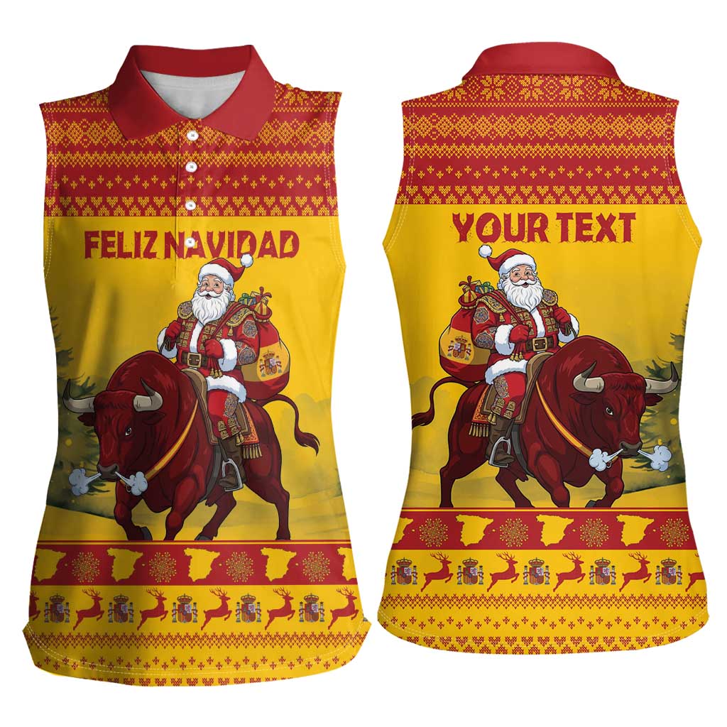 Personalized Spain Christmas Women Sleeveless Polo Shirt Santa Riding Red Bull Feliz Navidad - Wonder Print Shop