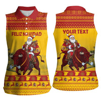 Personalized Spain Christmas Women Sleeveless Polo Shirt Santa Riding Red Bull Feliz Navidad - Wonder Print Shop