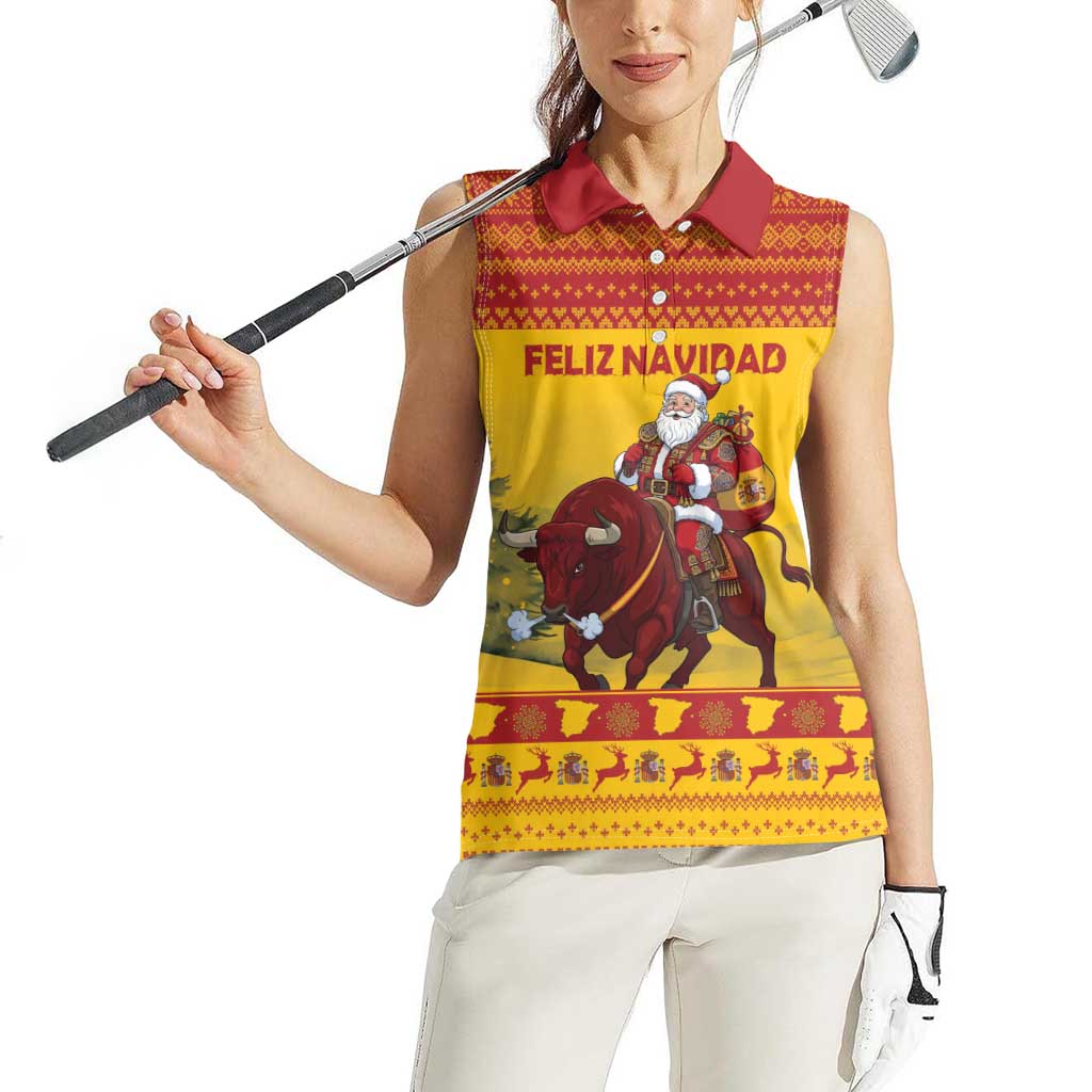 Personalized Spain Christmas Women Sleeveless Polo Shirt Santa Riding Red Bull Feliz Navidad - Wonder Print Shop