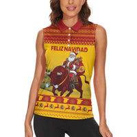 Personalized Spain Christmas Women Sleeveless Polo Shirt Santa Riding Red Bull Feliz Navidad - Wonder Print Shop