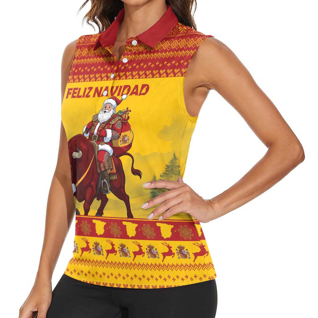 Personalized Spain Christmas Women Sleeveless Polo Shirt Santa Riding Red Bull Feliz Navidad - Wonder Print Shop