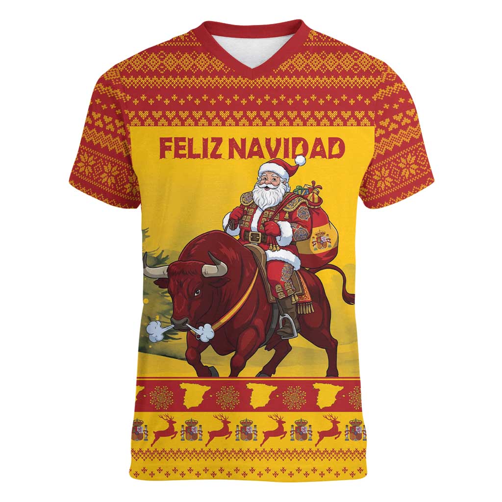 Personalized Spain Christmas Women V-Neck T-Shirt Santa Riding Red Bull Feliz Navidad - Wonder Print Shop