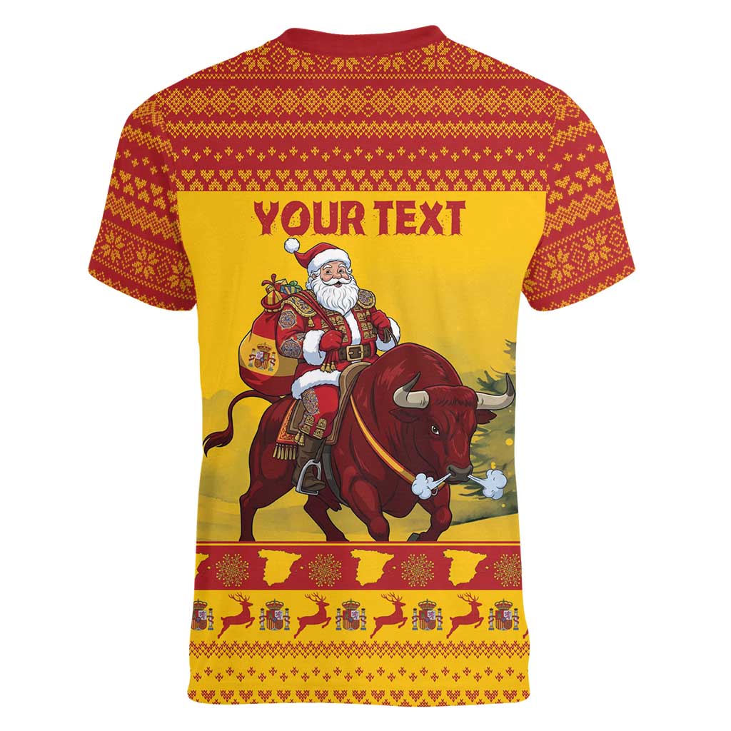 Personalized Spain Christmas Women V-Neck T-Shirt Santa Riding Red Bull Feliz Navidad - Wonder Print Shop