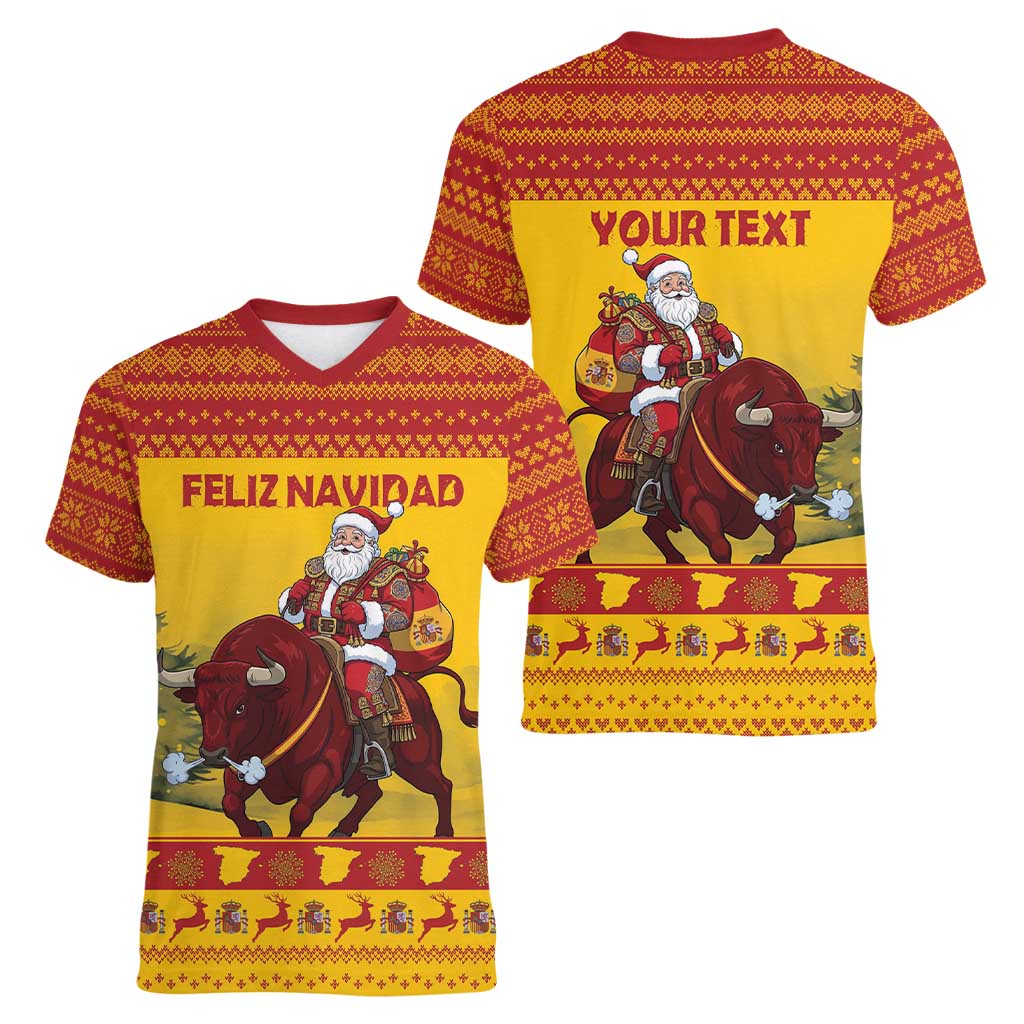 Personalized Spain Christmas Women V-Neck T-Shirt Santa Riding Red Bull Feliz Navidad - Wonder Print Shop