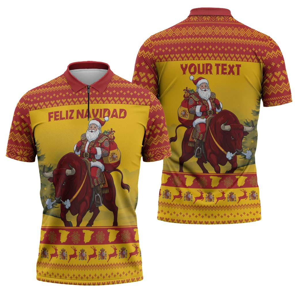 Personalized Spain Christmas Zipper Polo Shirt Santa Riding Red Bull Feliz Navidad - Wonder Print Shop