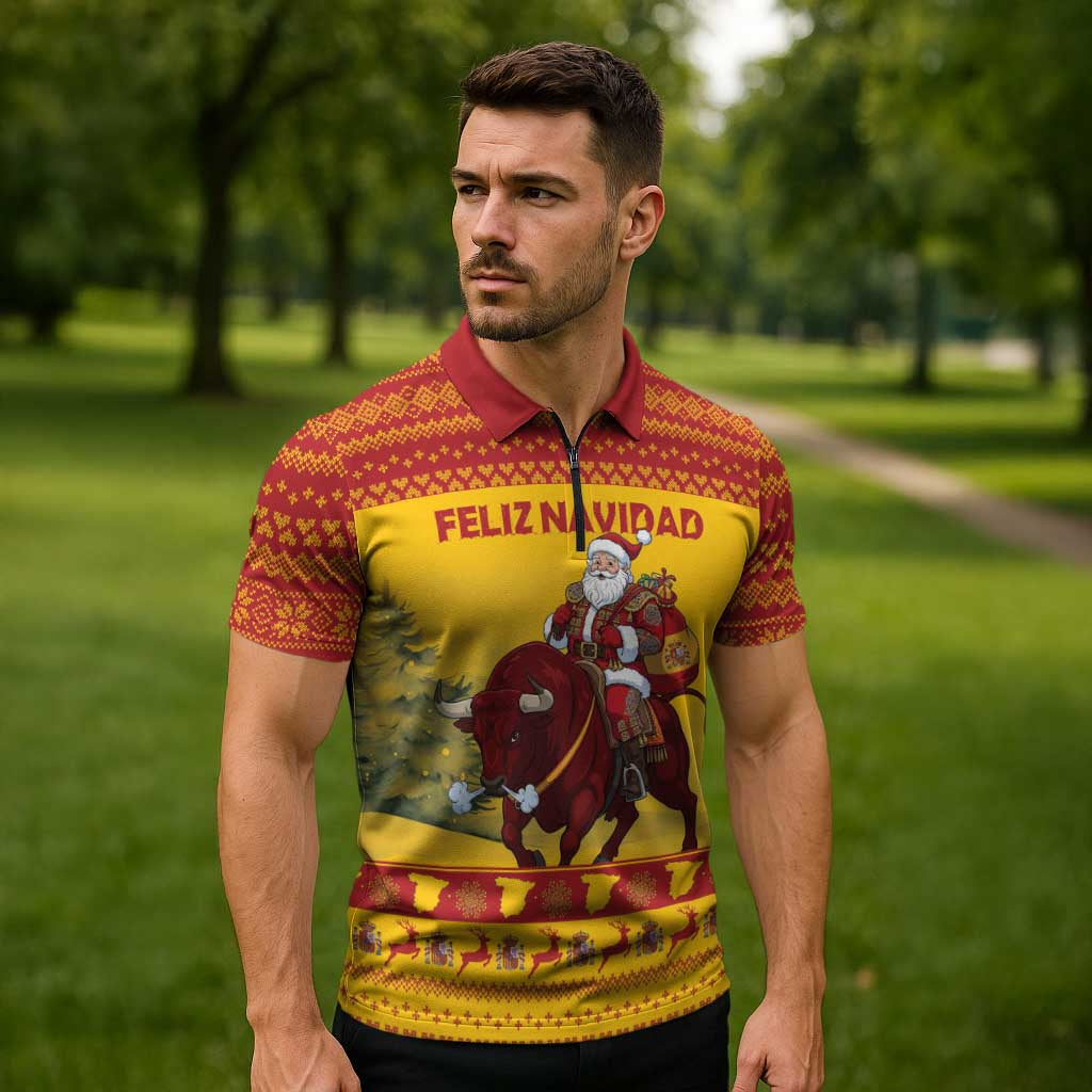 Personalized Spain Christmas Zipper Polo Shirt Santa Riding Red Bull Feliz Navidad - Wonder Print Shop